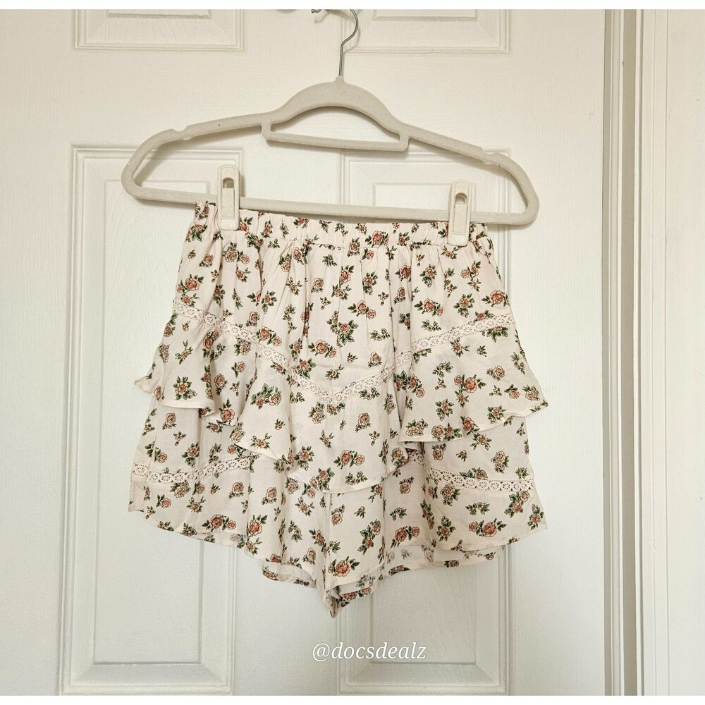 Kirious Shorts Ivory with Pink Roses Ruffles Lace Trim Women's Medium